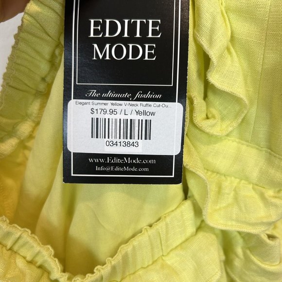 NWT Edite Mode Elegant Summer Yellow V-Neck Ruffle Cut-Out Dress Yellow Large - Picture 7 of 12